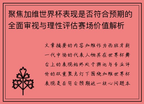 聚焦加维世界杯表现是否符合预期的全面审视与理性评估赛场价值解析