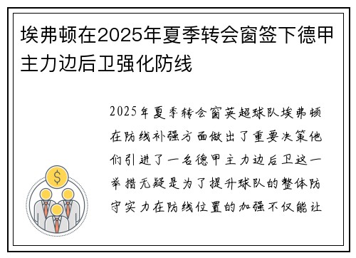 埃弗顿在2025年夏季转会窗签下德甲主力边后卫强化防线 埃弗顿在2025年夏季转会窗签下德甲主力边后卫强化防线